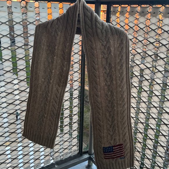 Polo Ralph Lauren American Flag Lambs Wool Blend Heavy Knit Tan Scarf - Picture 6 of 6